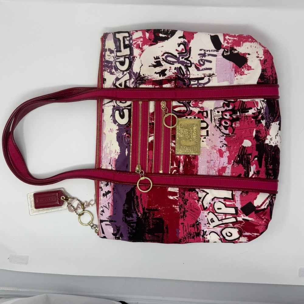 Coach Poppy Graffiti Tote Bag Pink Red Canvas Leather Trim Large Shoulder Bag - Picture 10 of 16